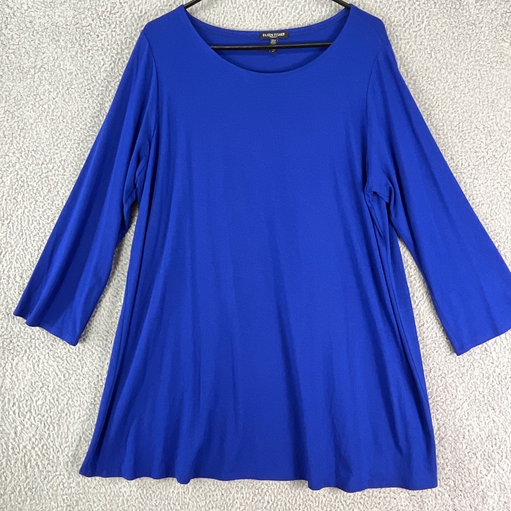 Eileen Fisher Tunic Top Womens 1X Royal Blue 3/4 Sleeve Viscose Stretch A-Line